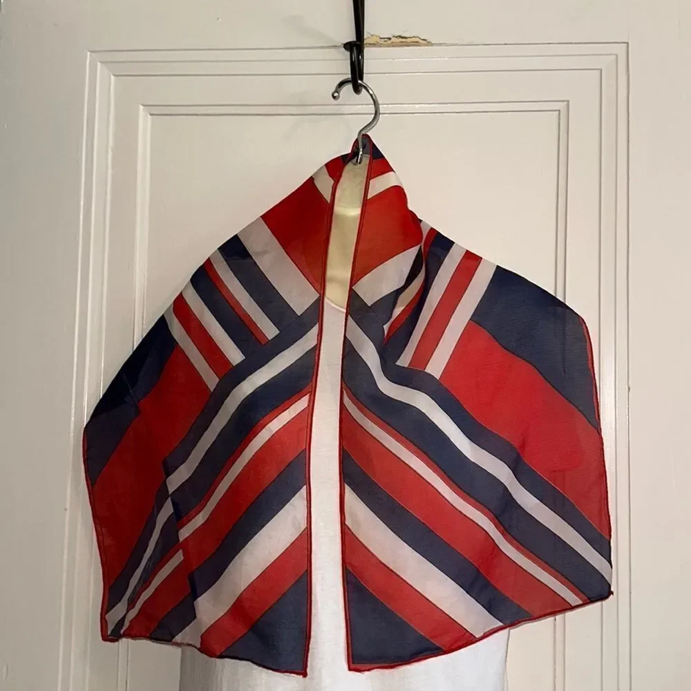 Vintage mid century semi sheer red, white & blue‎ polyester scarf
